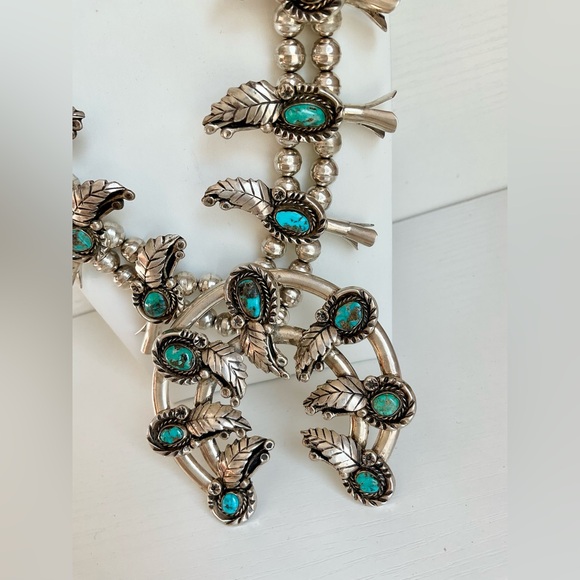 Navajo 1950’s sterling silver turquoise squash blossom necklace signed - Picture 2 of 8
